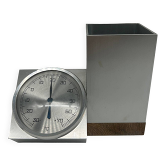 Brushed metal pencil holder and thermometer 1970