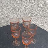 5 Rosaline wine glasses in twisted pink glasses, stamped France Vintage 1950/60