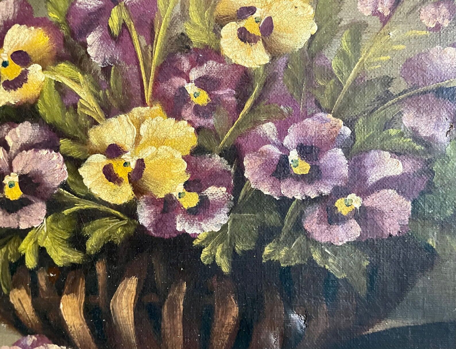 Peinture à l’huile du XIXème siècle sur toile nature morte avec vase de pensées antique vintage original