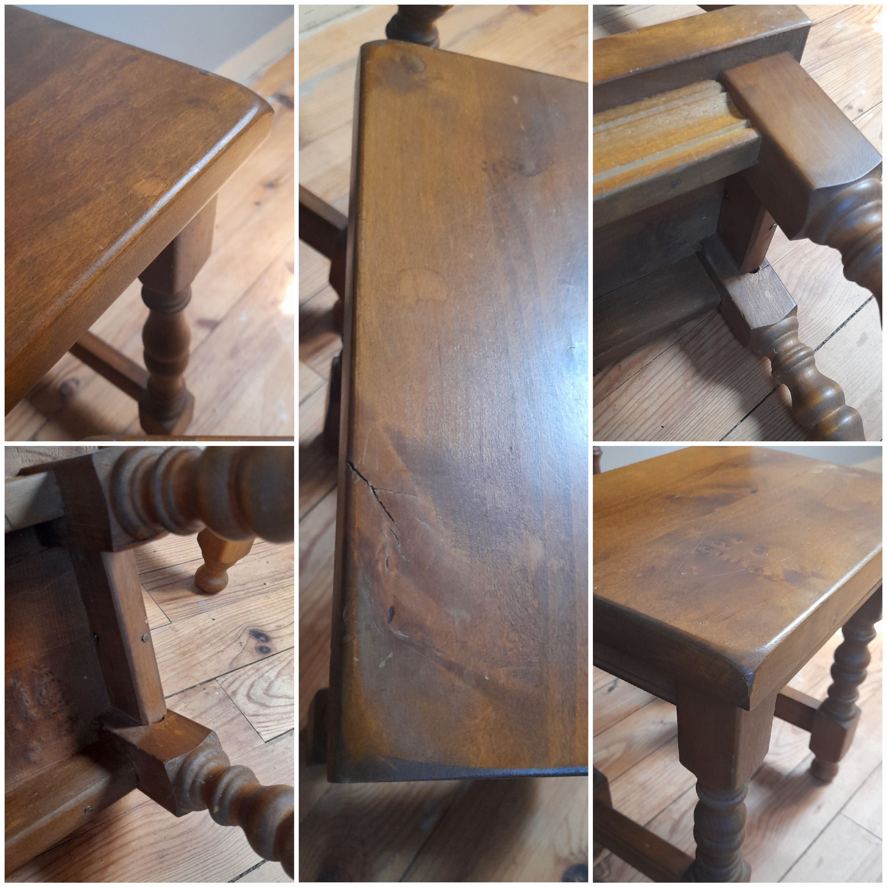 2 solid wood trundle tables, turned legs 80