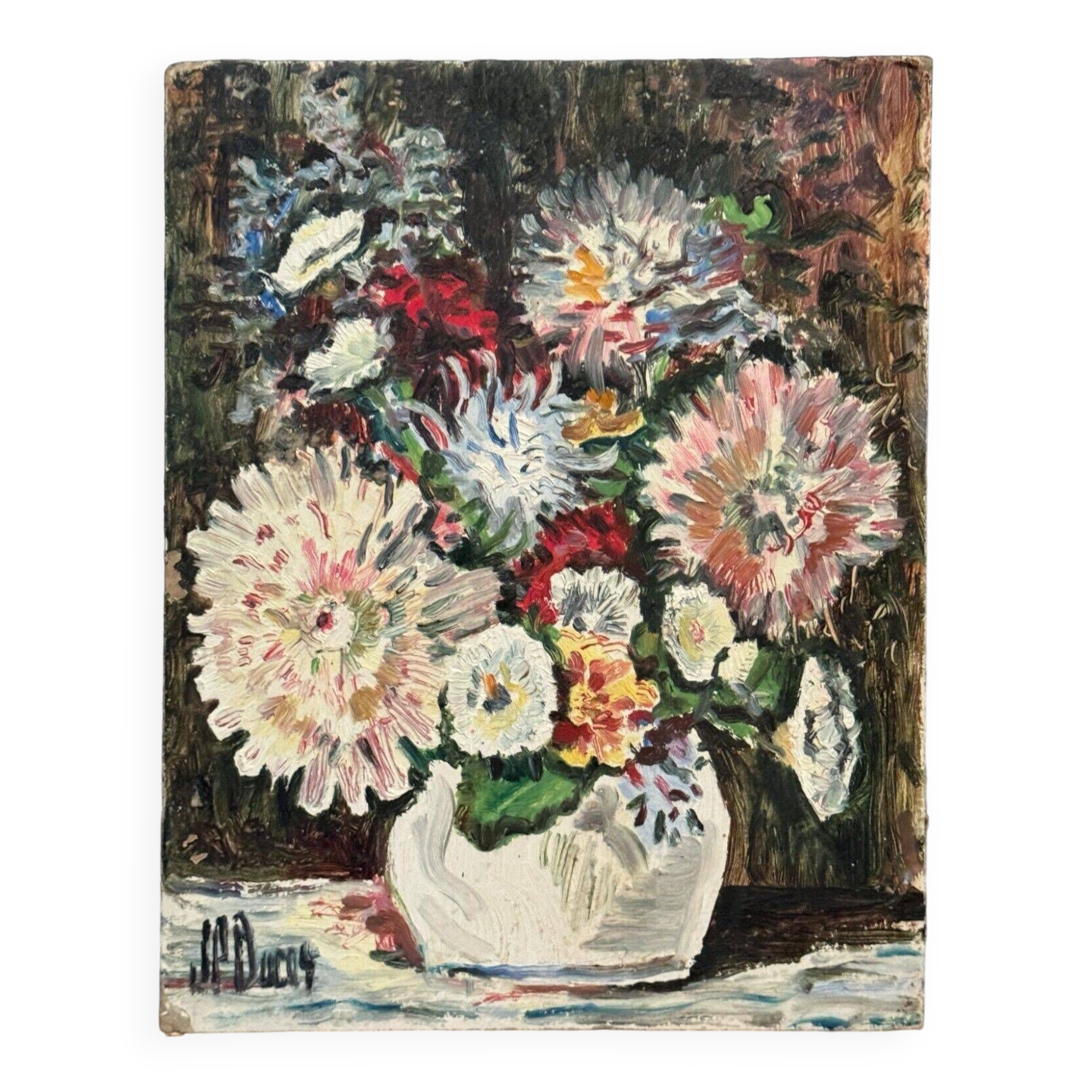 Oil on cardboard by JP Ducas Ducos still life with flowers 20th century