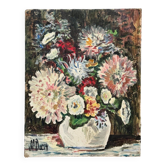 Huile sur carton par J.P. Ducas Ducos nature morte aux fleurs XXe