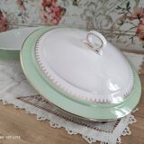 Soup tureen in water green with golden frieze, Cafés Lemaire.