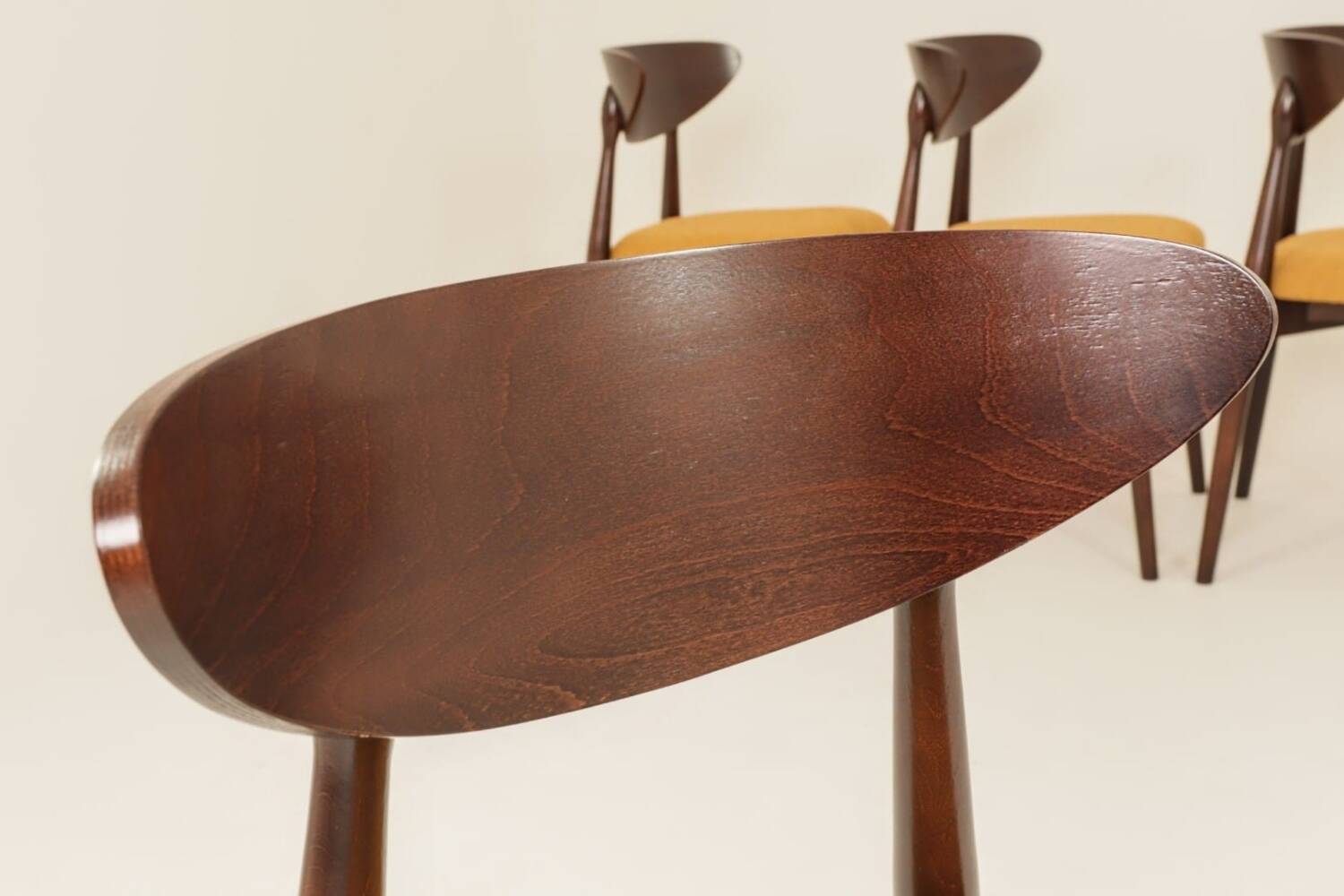 Ocra Dining Chairs set of 6, yellow bouclè fabric, Dark wood