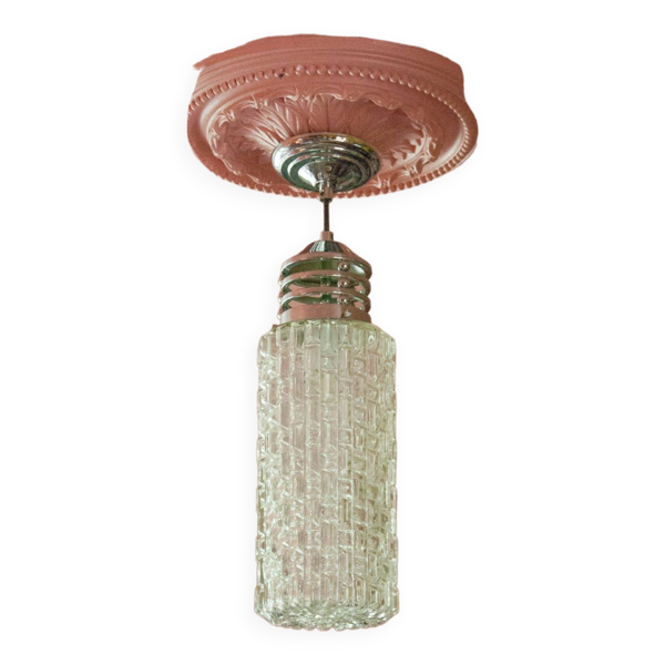 Suspension vintage, Suspension verre cylindrique et métal chromé, lampe de plafond