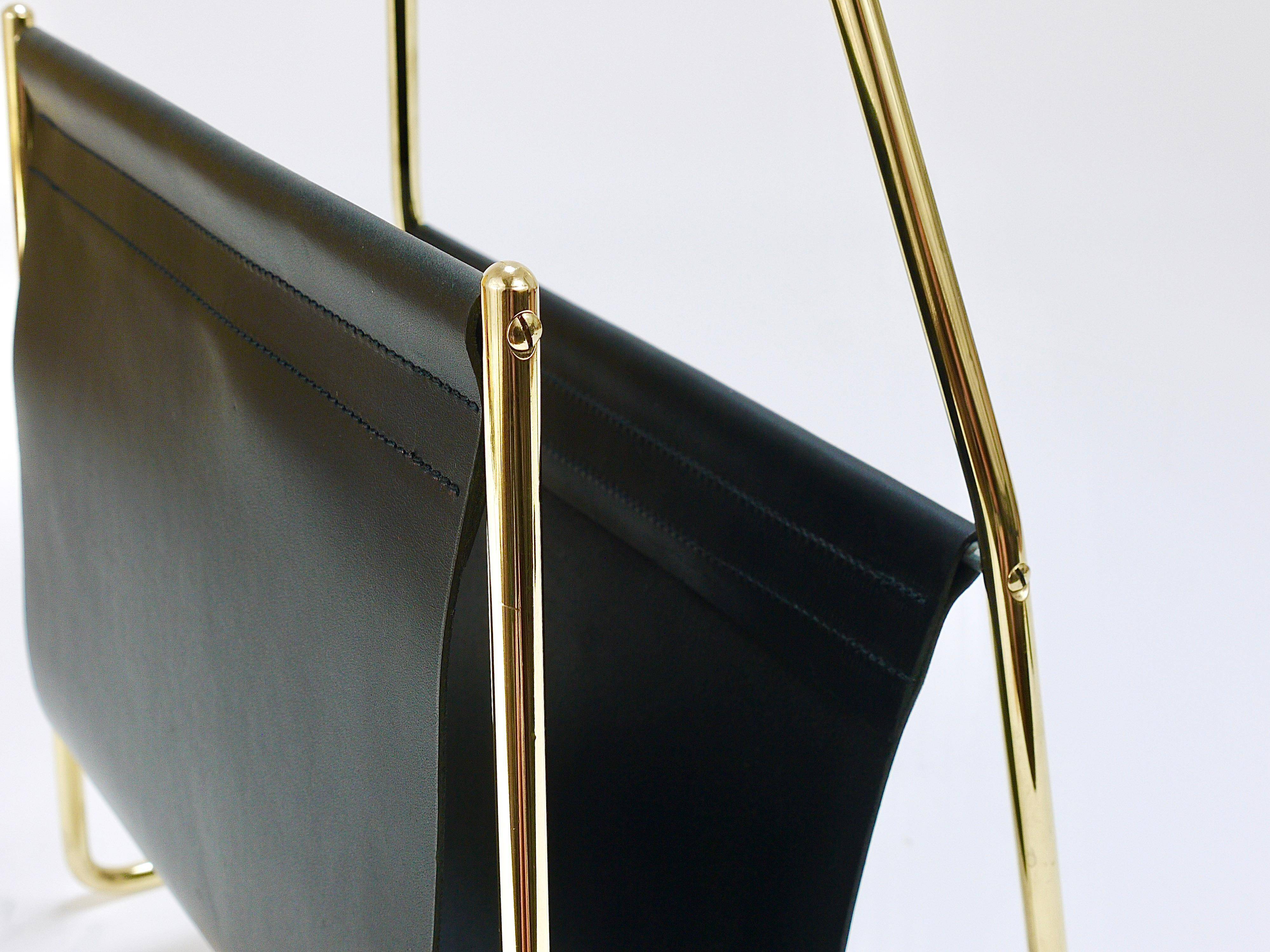 Carl Auböck II Midcentury magazine rack, brass and black leather, vintage, Austria
