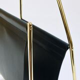 Carl Auböck II Midcentury magazine rack, brass and black leather, vintage, Austria