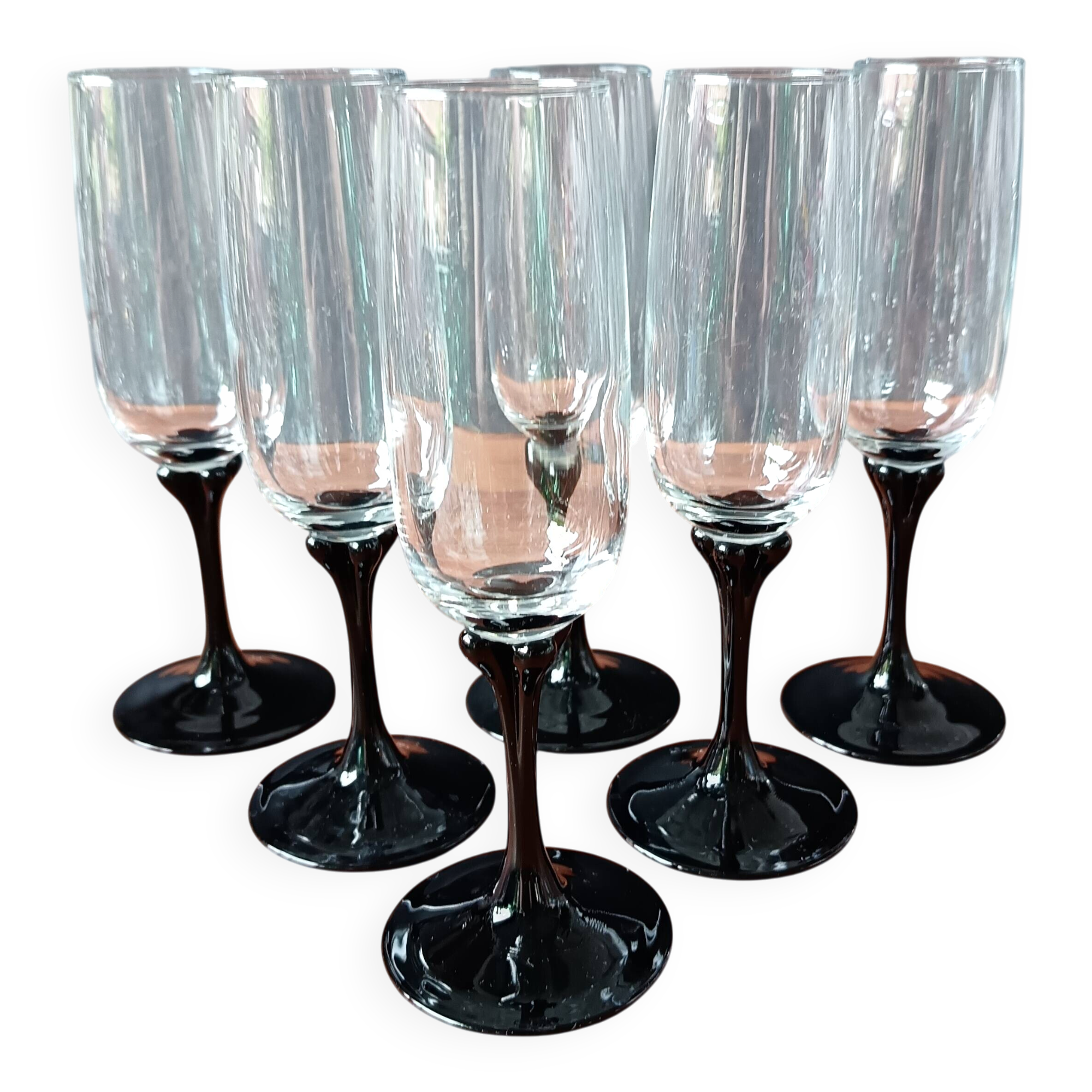 6 vintage black opaline footed flutes