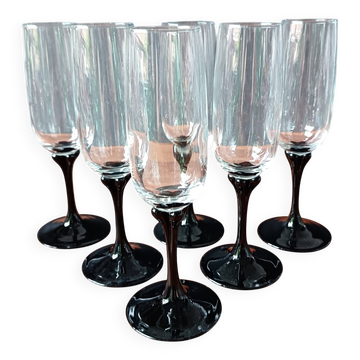 6 vintage black opaline footed flutes