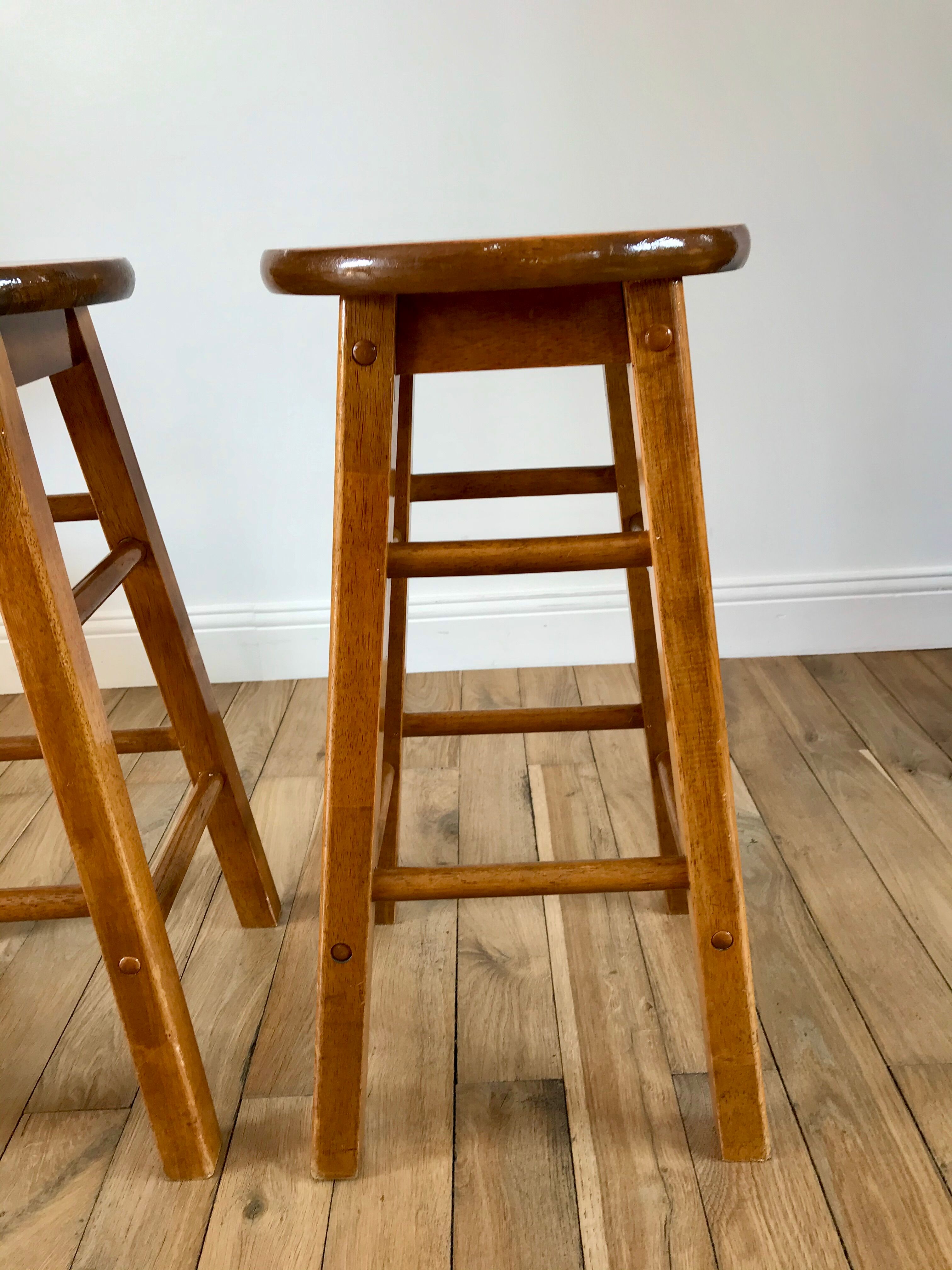 Pair of high stools / bar varnished wood 60-70s
