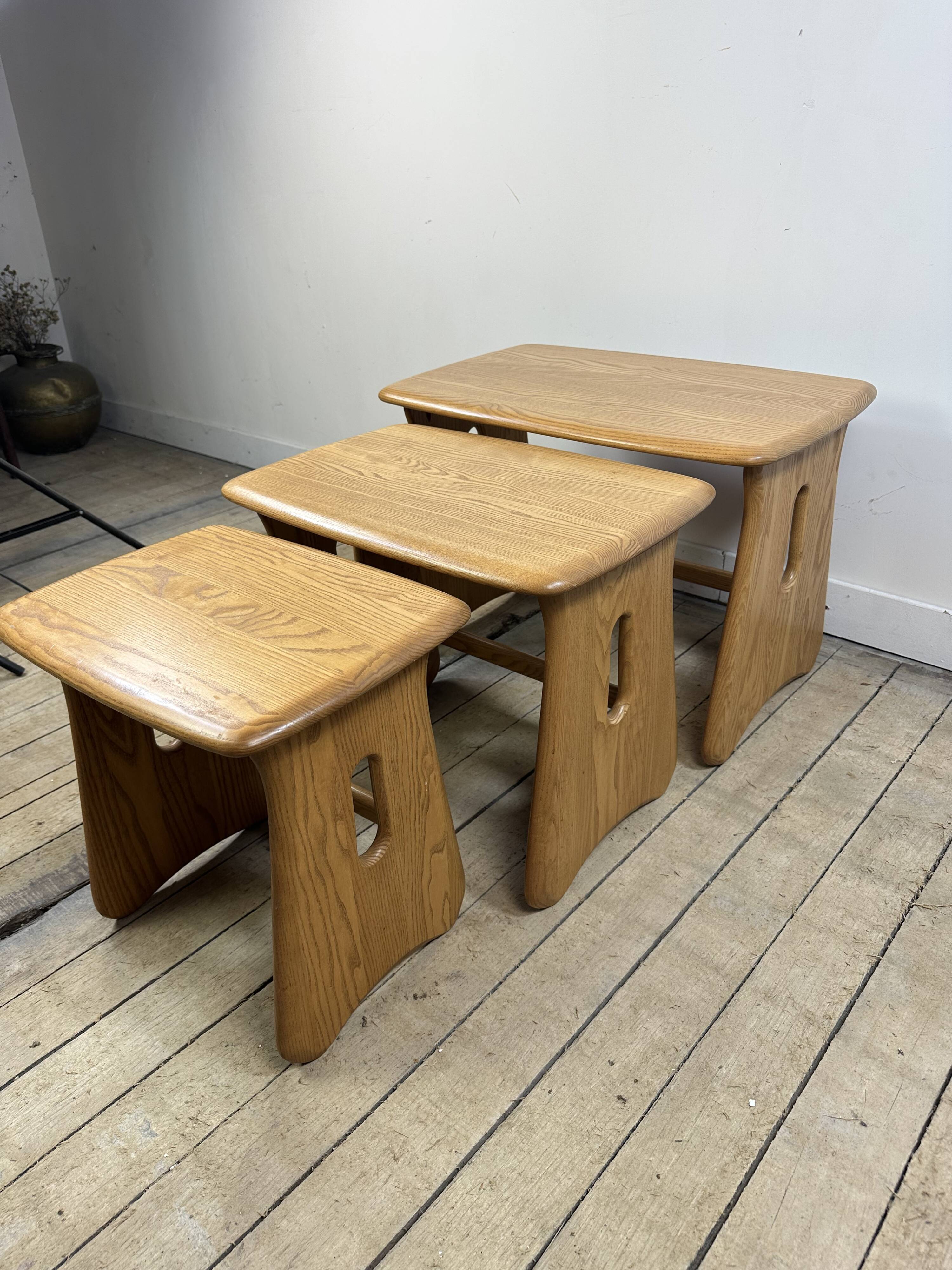 Vintage Ercol nesting tables in solid elm from the 1980s.