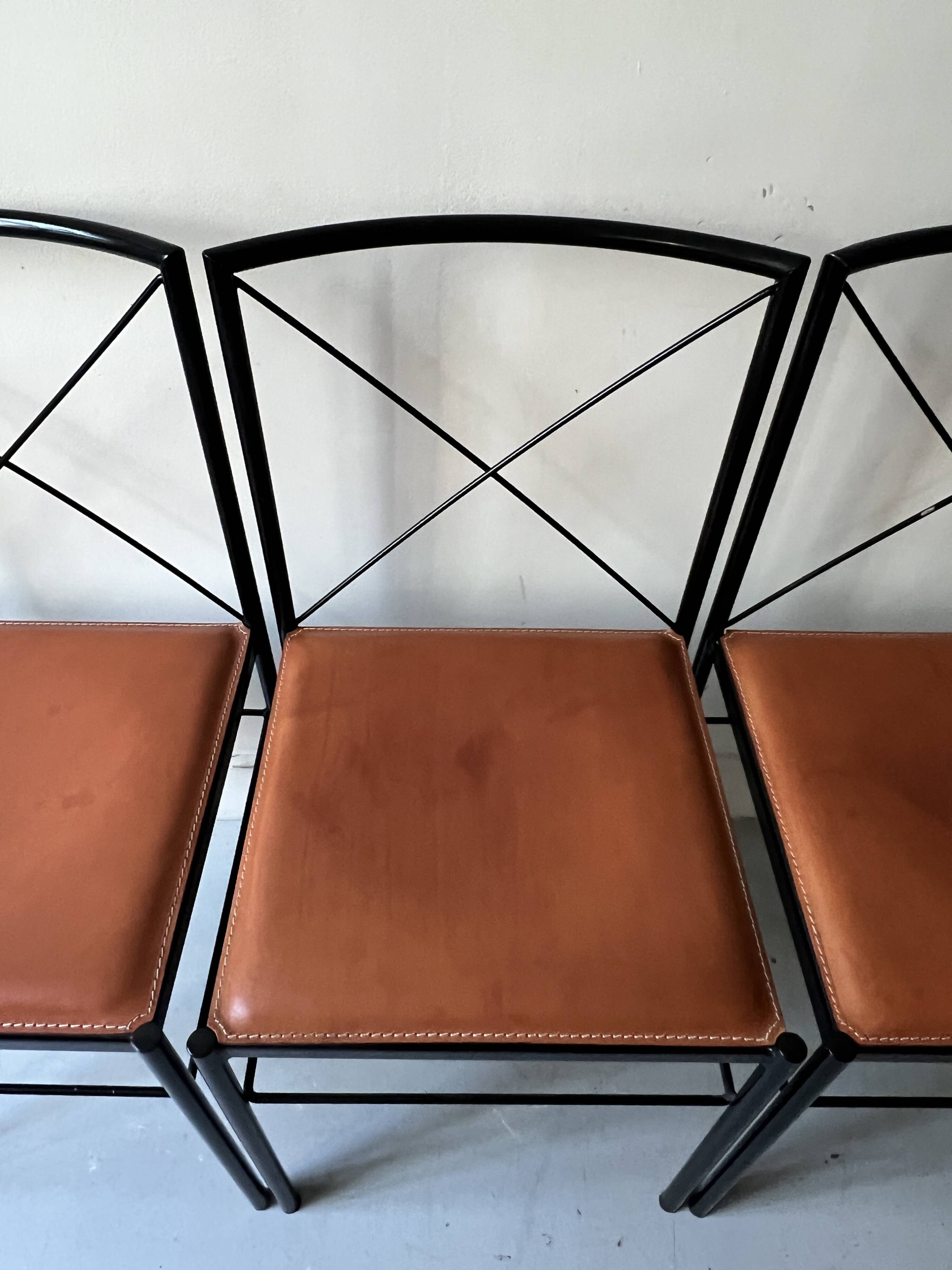 Set of 4 designer chairs in metal and cognac leather by Arrben Italy