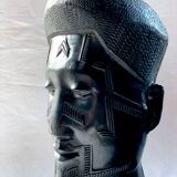 Two large Makonde warrior heads in ebony circa 1940