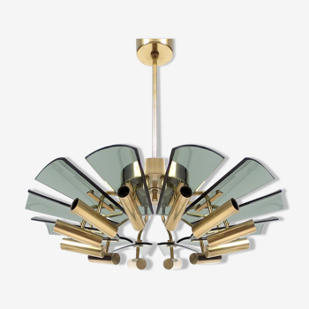 Italian brass and smoked glass chandelier 1970s
