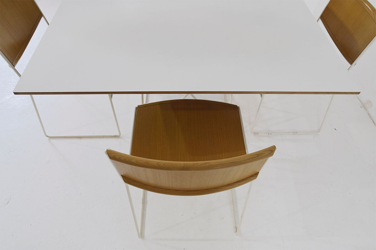 Minimalist Modernist dining set 4 wire chairs with maple wood and matching dining table,1980s