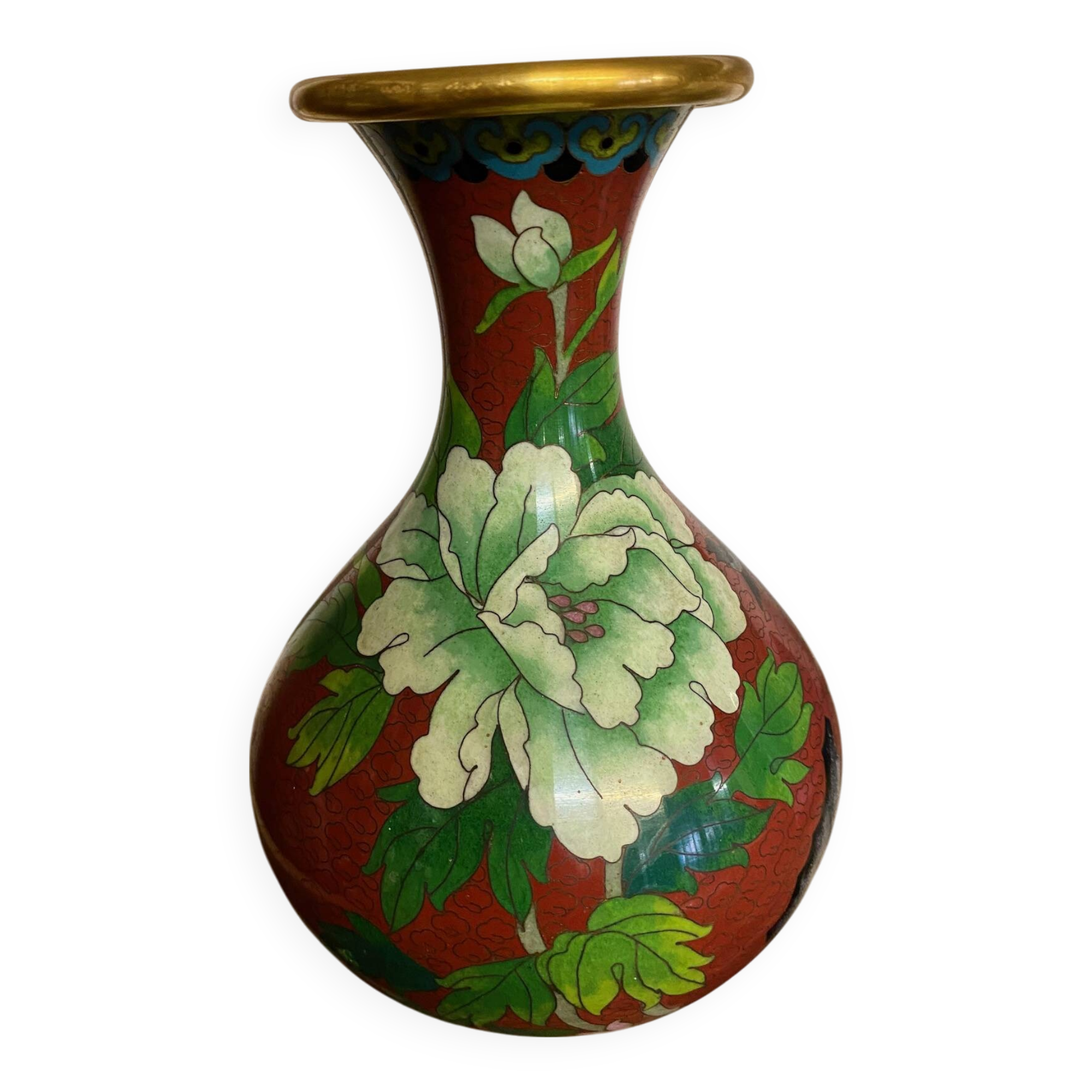 CLOISONNE VASE WITH LOTUS FLOWERS DECOR IN BURGUNDY TONES