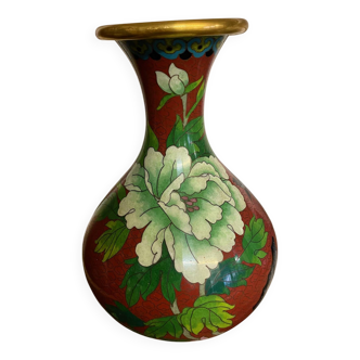 CLOISONNE VASE WITH LOTUS FLOWERS DECOR IN BURGUNDY TONES