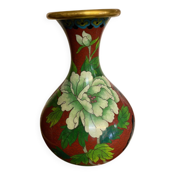 CLOISONNE VASE WITH LOTUS FLOWERS DECOR IN BURGUNDY TONES