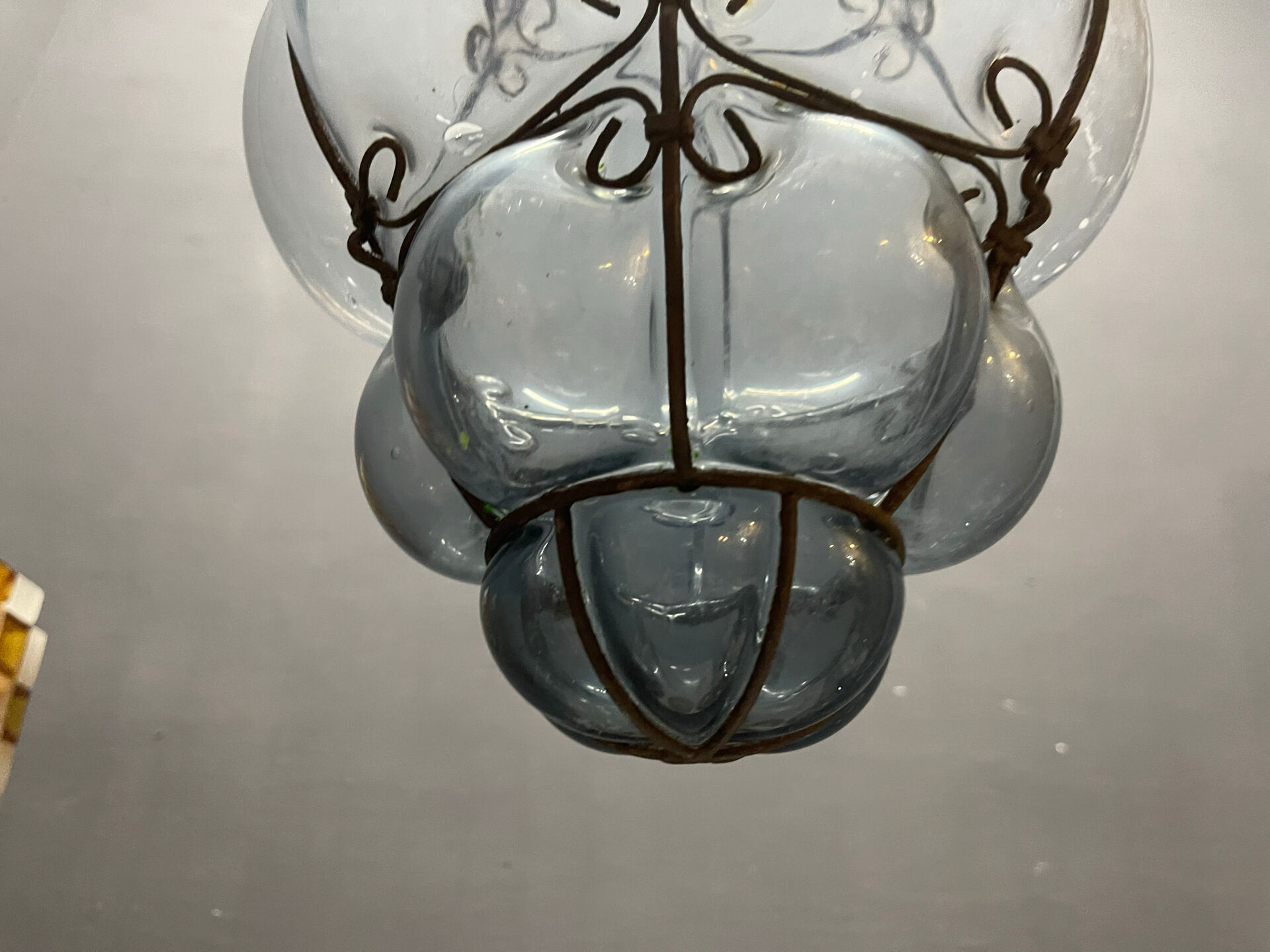 Wrought Iron Tinted Blue Murano Glass Light Pendant 1960’s