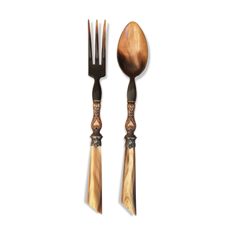Vintage serving cutlery in horn and wrought metal