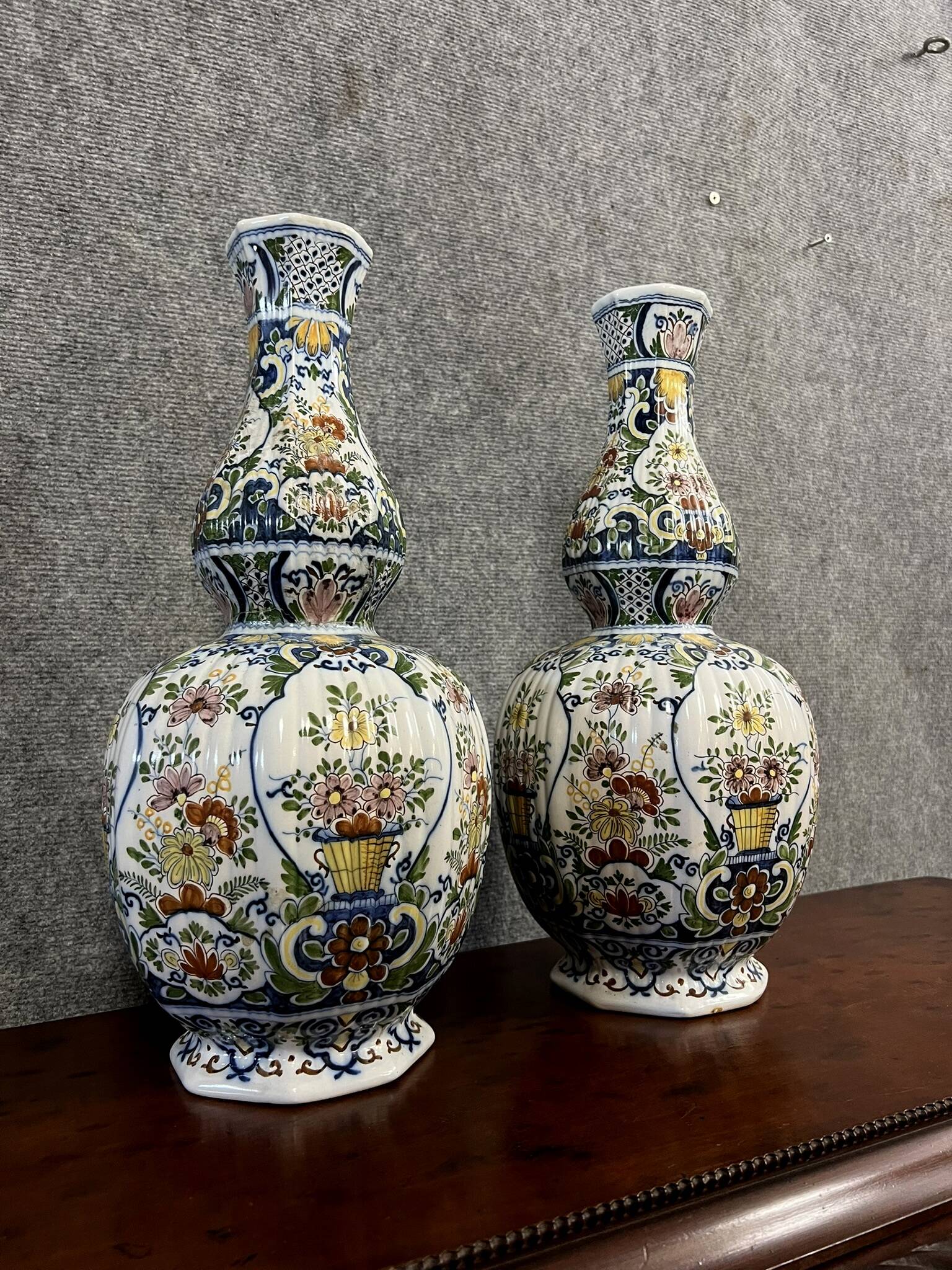 Rouen: pair of flower vases, hand painted around 1880-1900