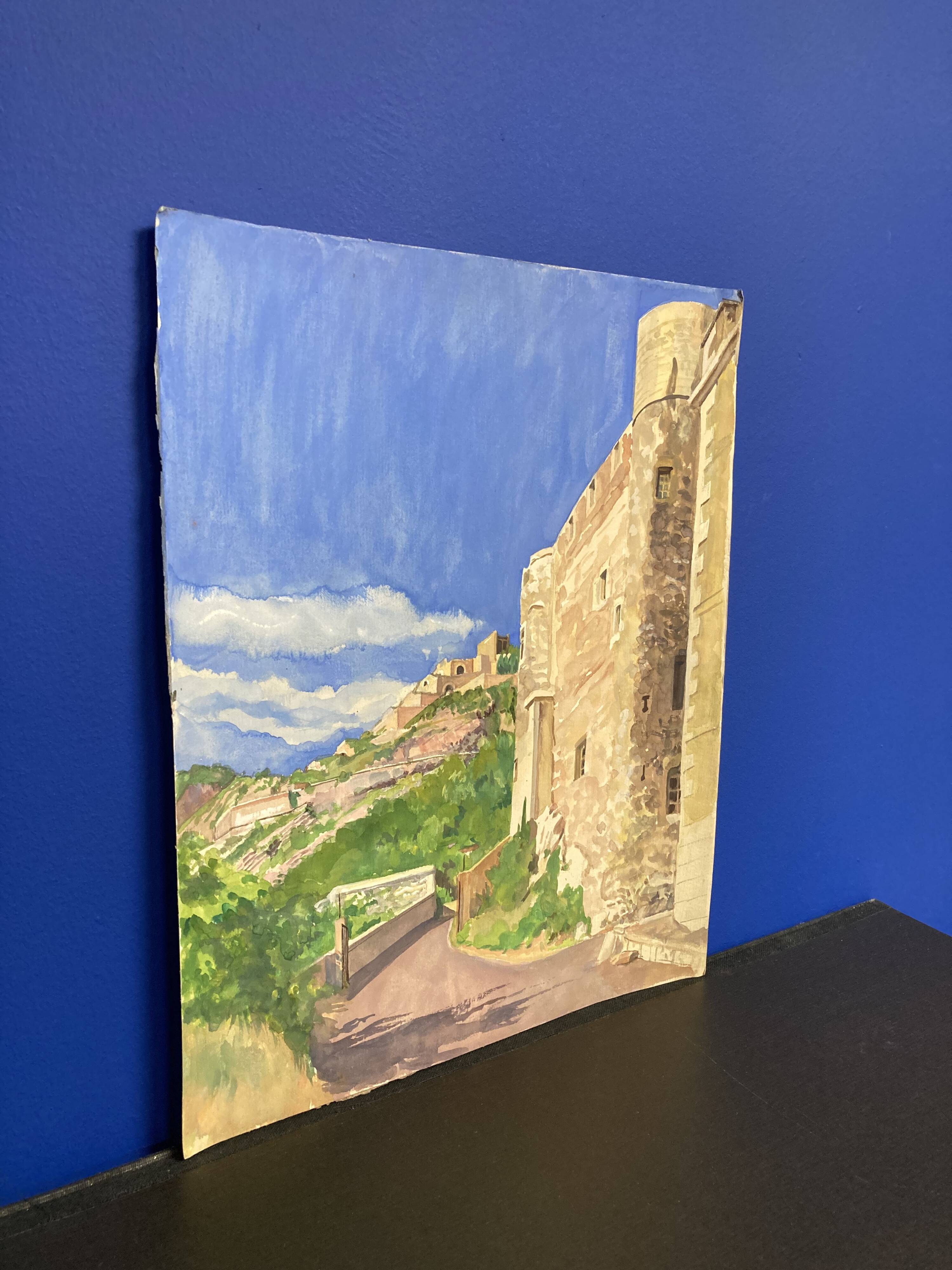 Watercolor Provencal landscape with fortified ramparts