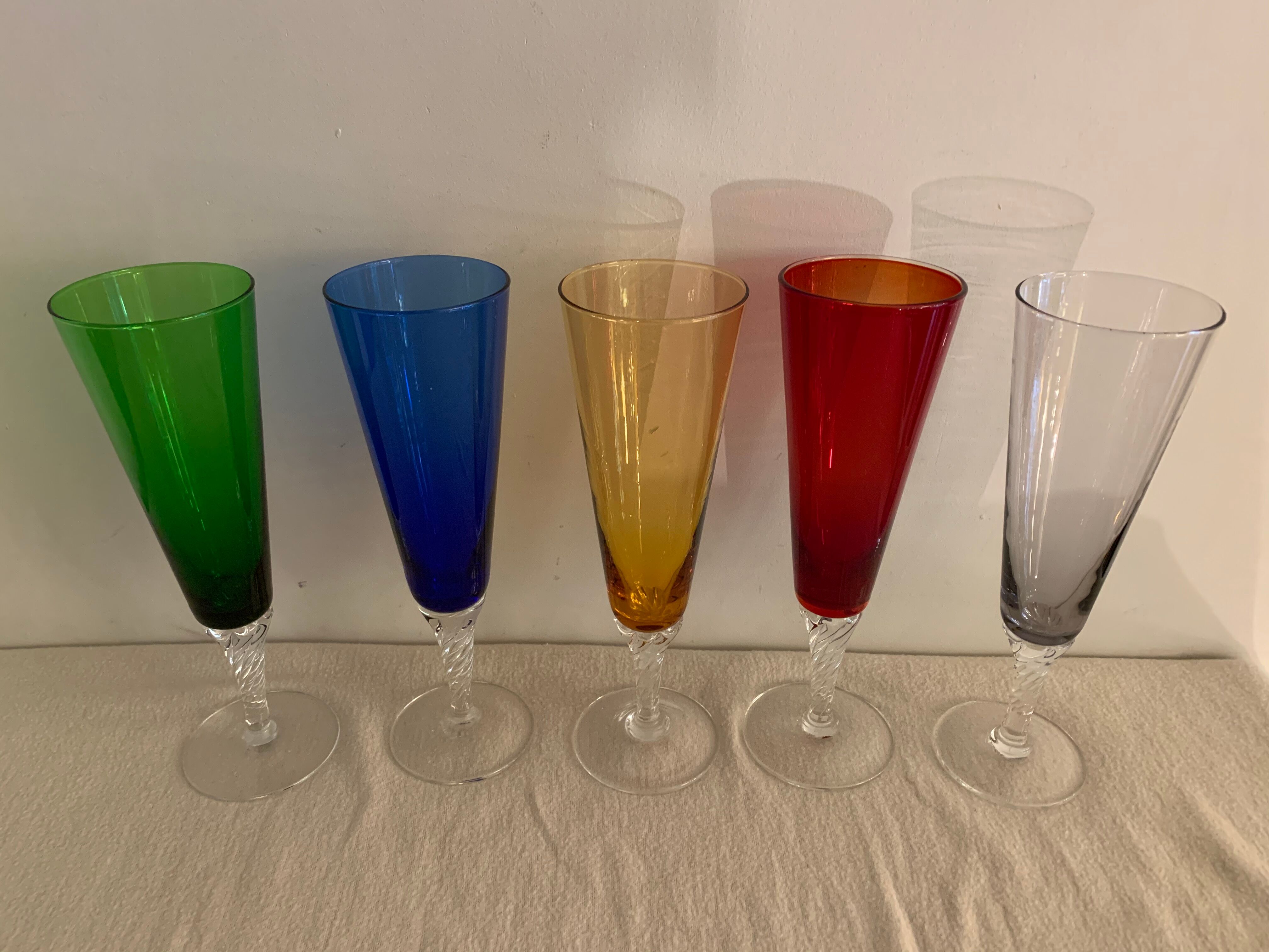 5 colorful champagne flutes in Murano 1970 glass