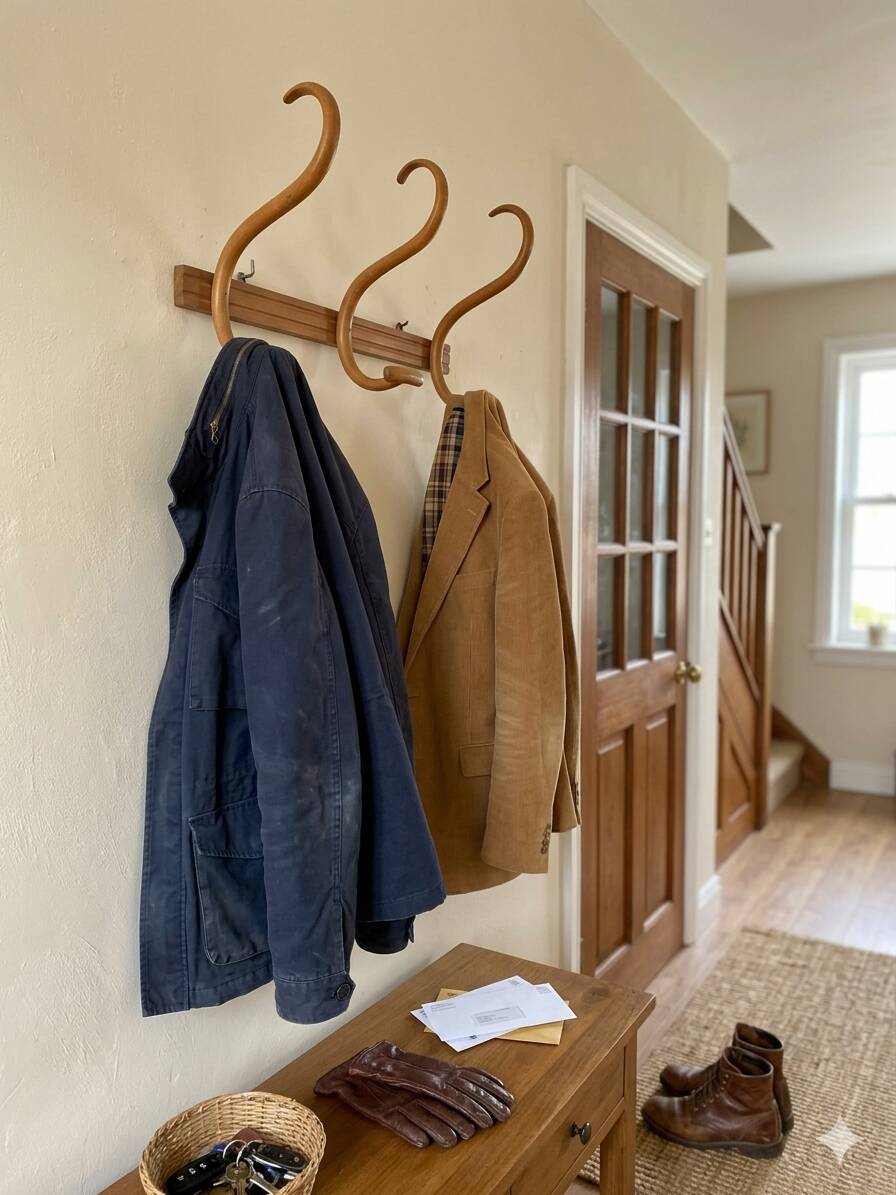 Curved wooden coat rack with 3 hooks, 1920s.