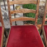 Round wooden table with 1 integrated extension + 6 wooden and fabric chairs