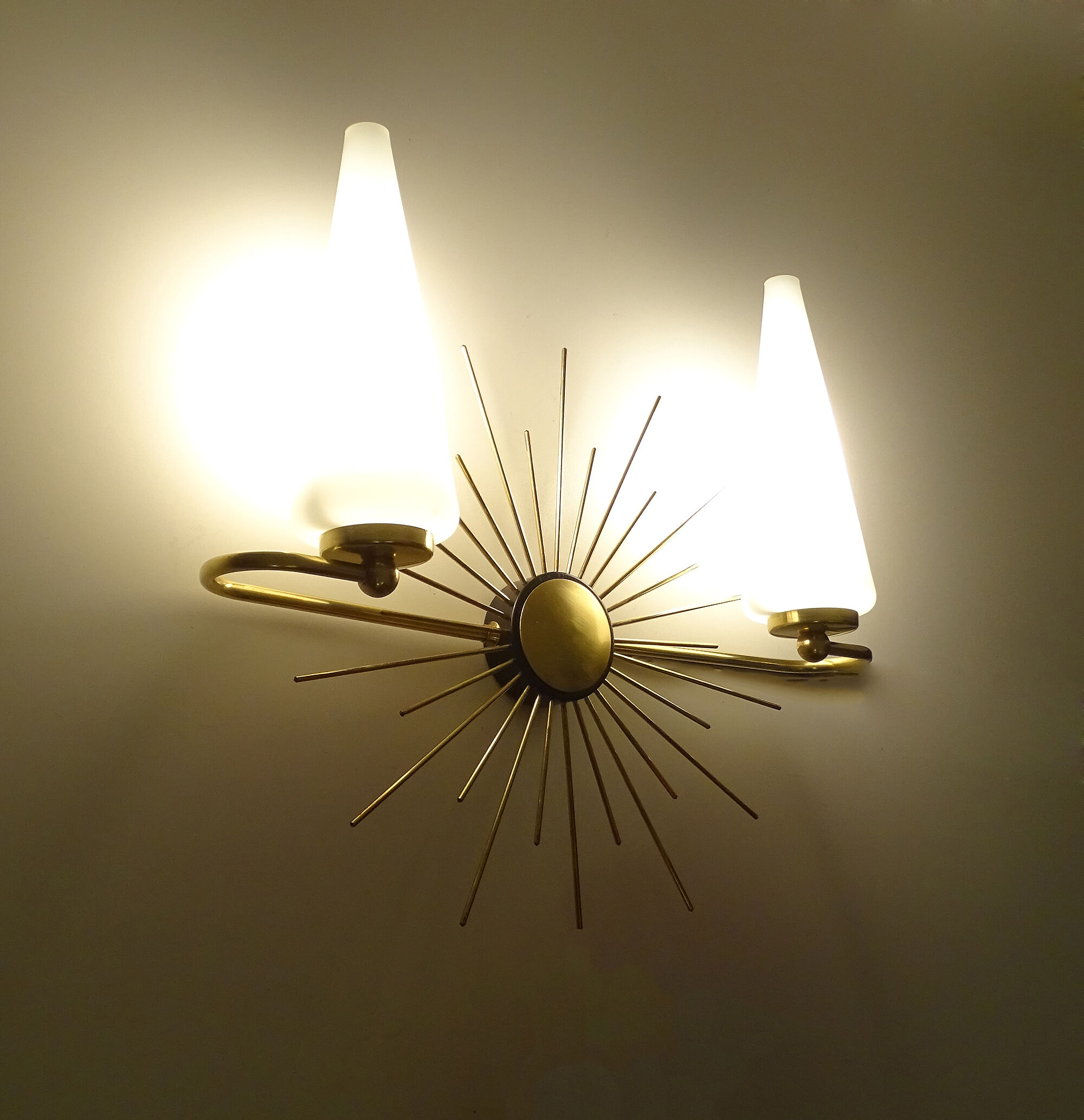 Pair of vintage sconces, sun, glass and brass, 60s