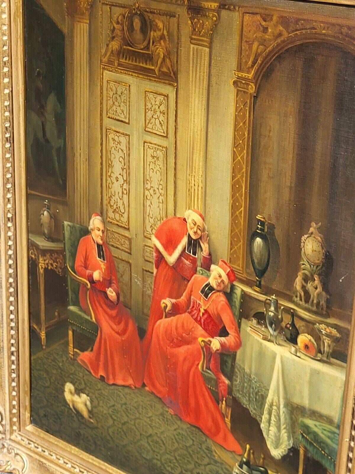 Signed Antique French Oil Painting – Cardinals in Luxurious Setting, 19th C
