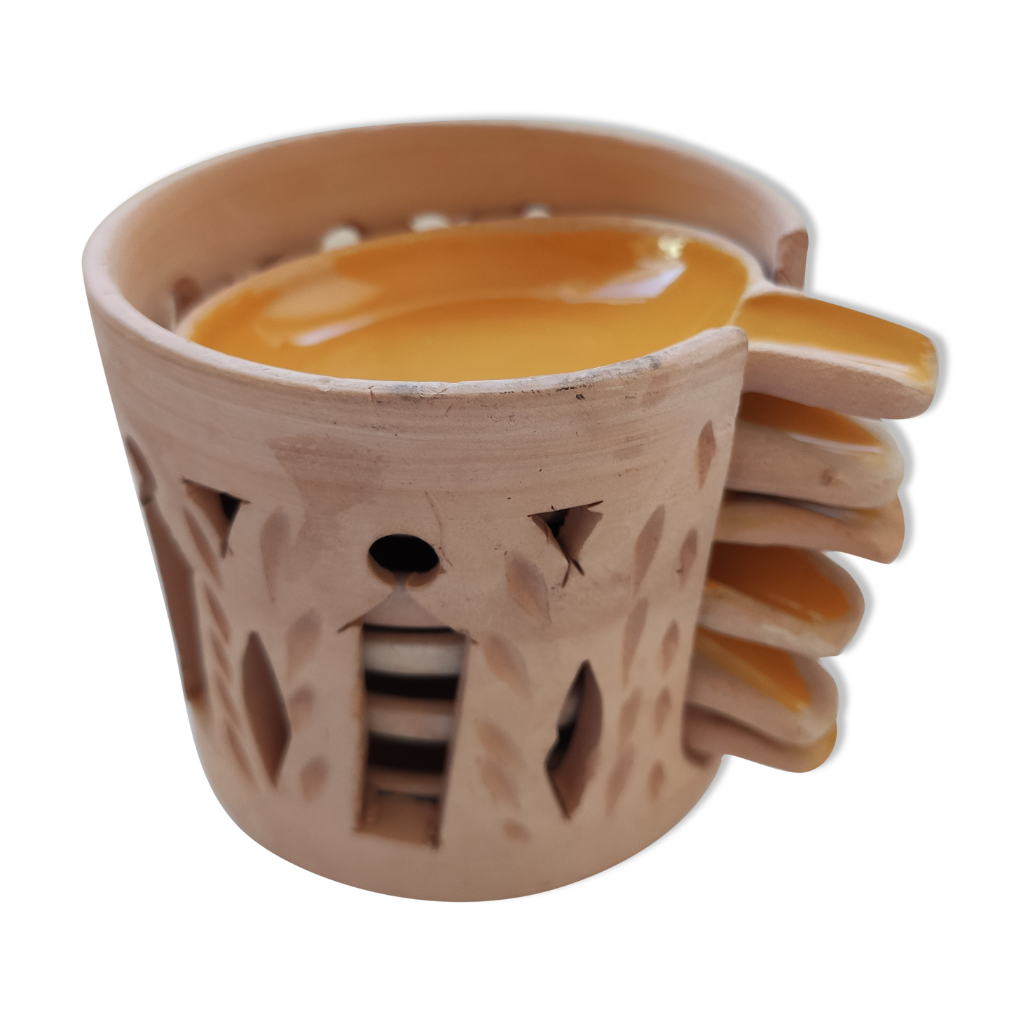 Set of 6 individual table ashtrays in ethnic yellow orange enamelled earthenware