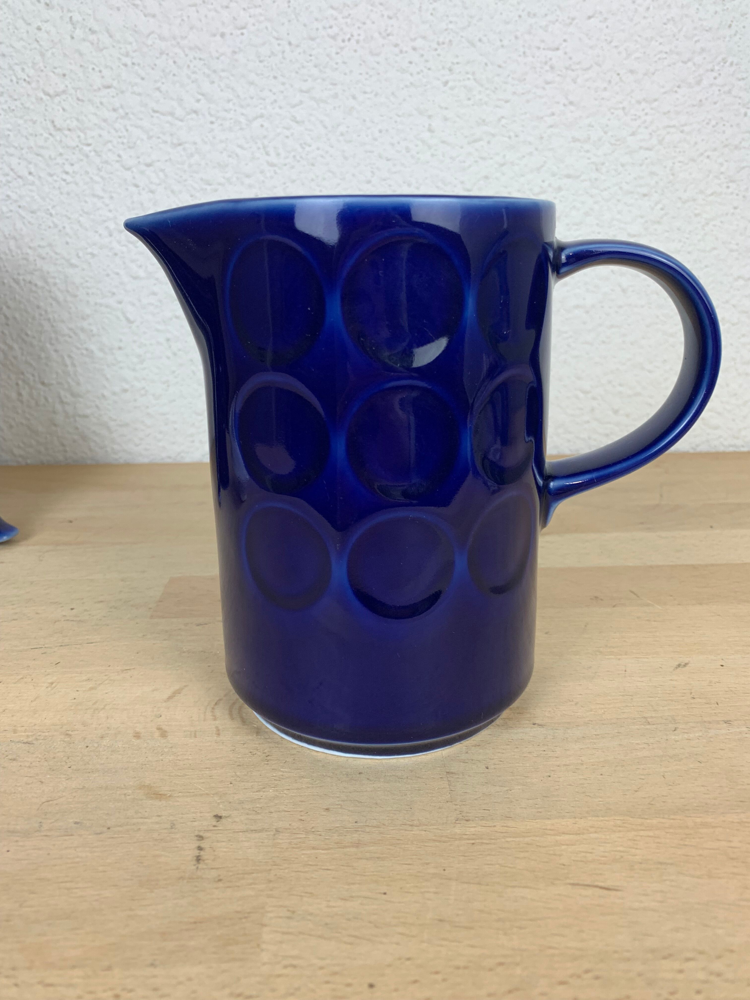 Vintage teapot and pitcher, blue ceramic