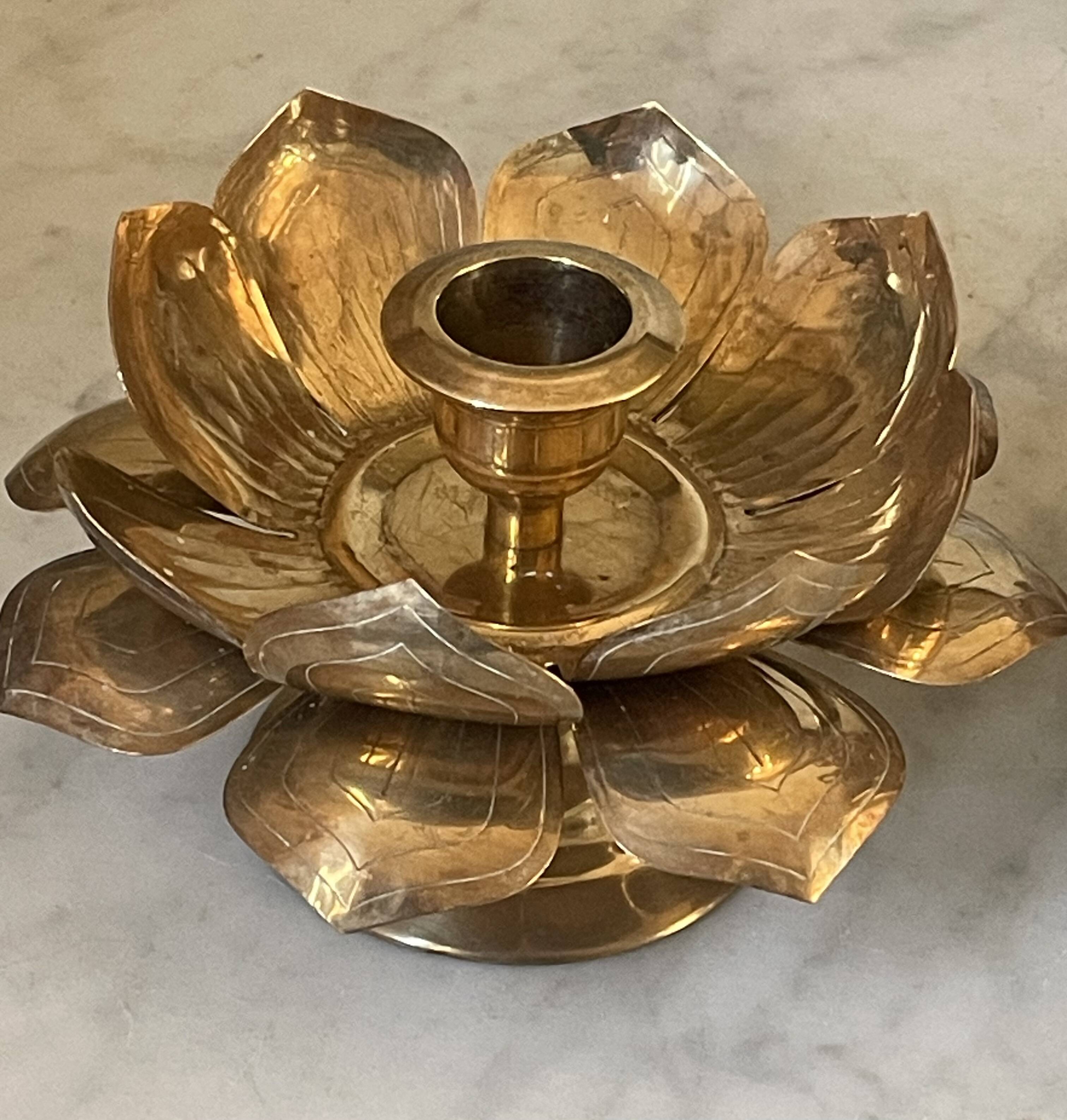 Lotus brass candlestick pair