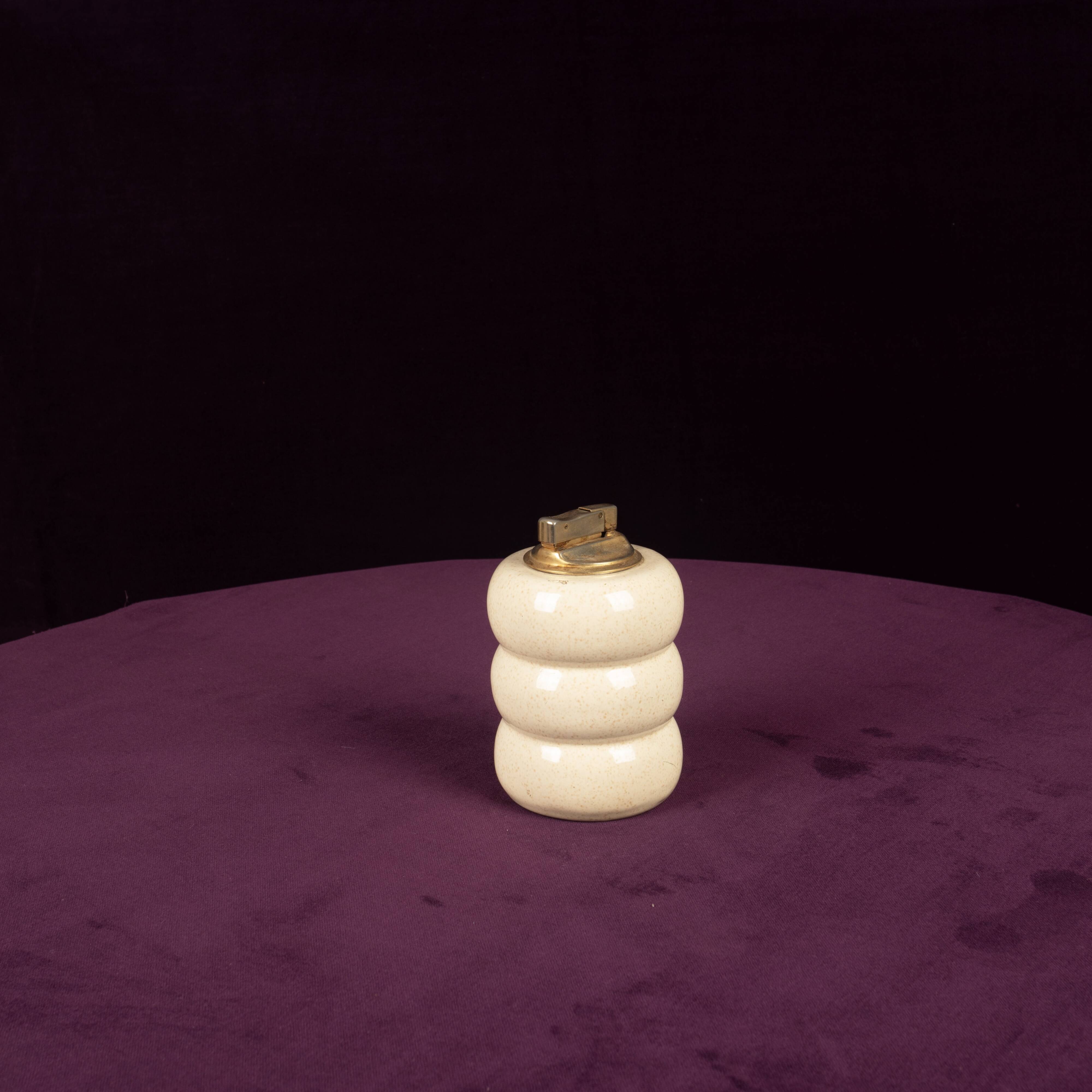Tommaso Barbi Cream Speckled Ceramic and Brass Table Lighter 1970