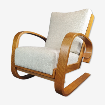 TANK armchair in beech and fabric with buckles, design Miroslav Navratil, Czech Art-Deco 1950