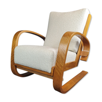 TANK armchair in beech and fabric with buckles, design Miroslav Navratil, Czech Art-Deco 1950