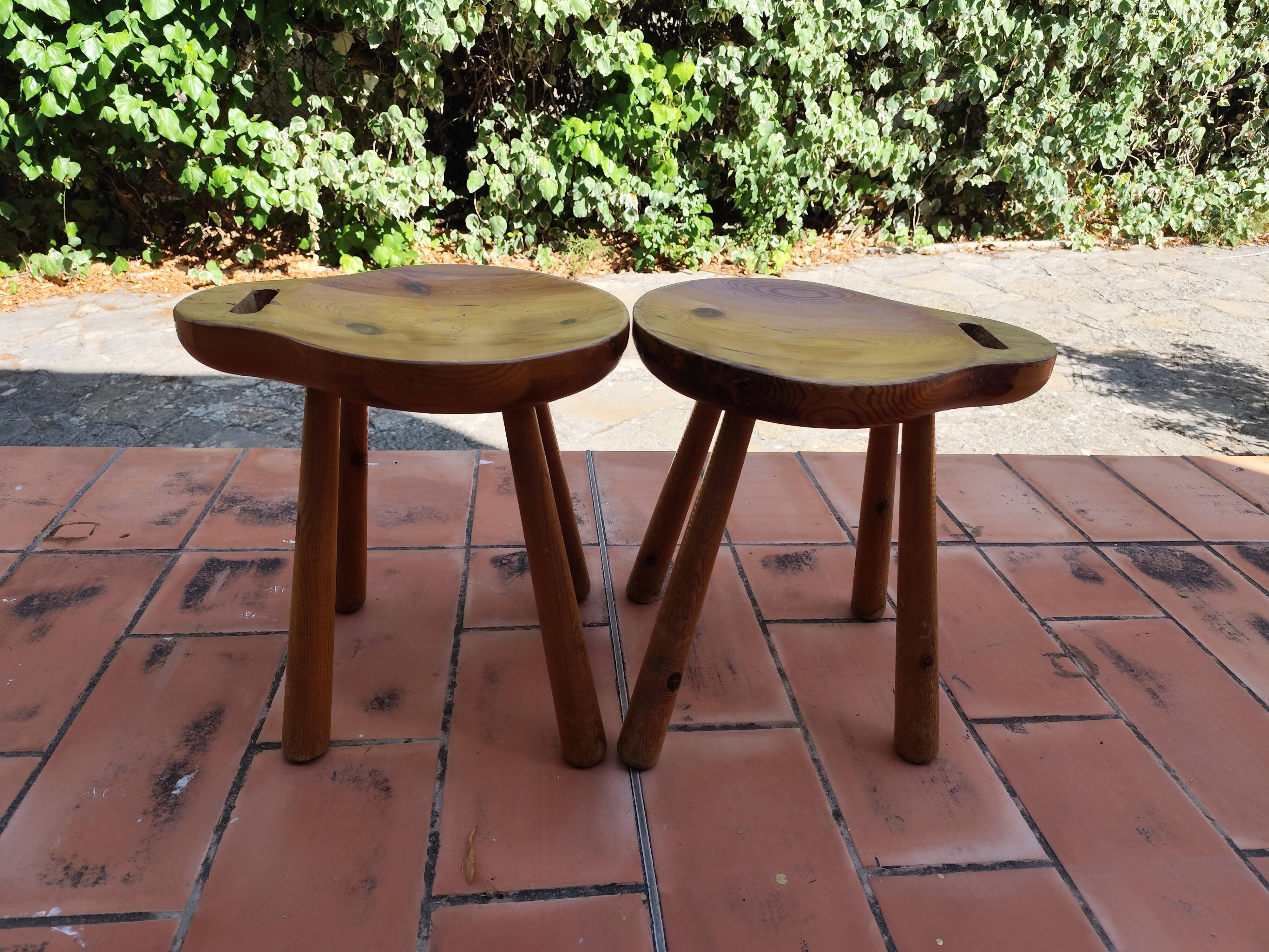 Pair of vintage 1960s solid pine ovoid Scandinavian stools