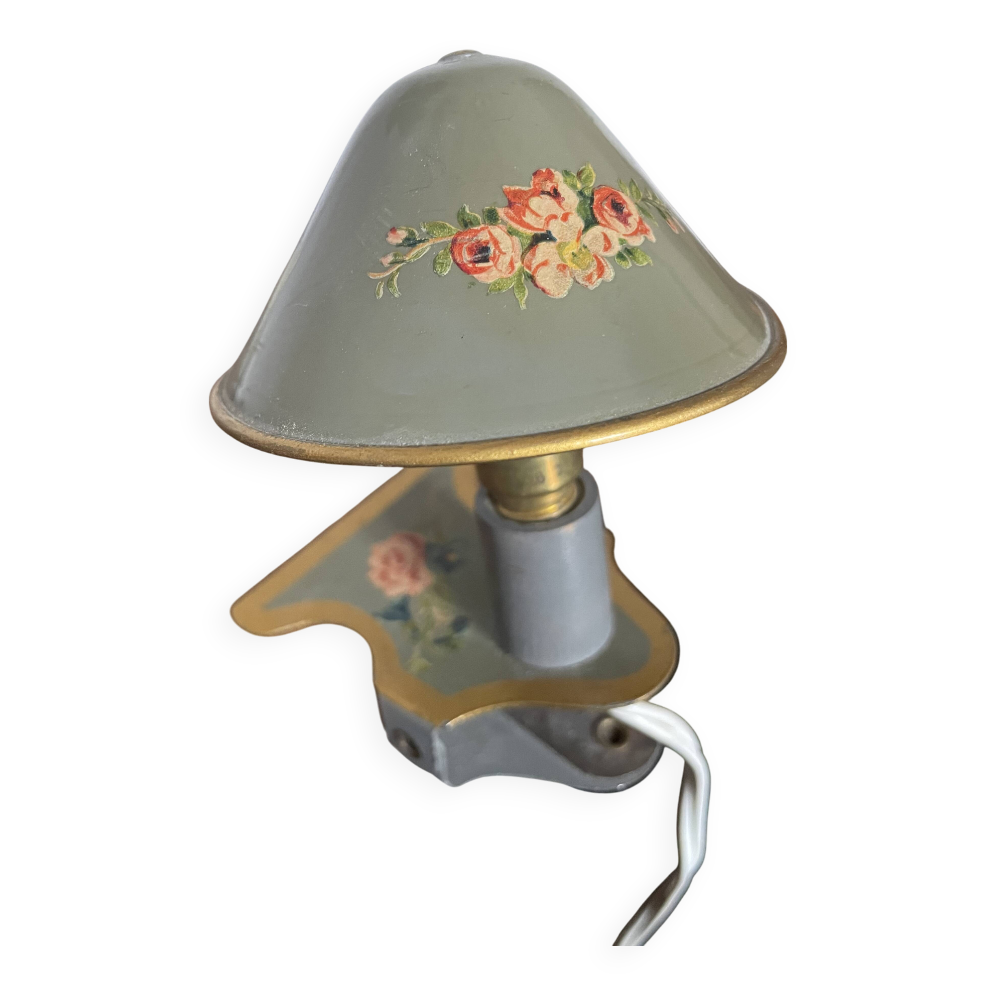 Small bedside lamp with clip, vintage painted flowers