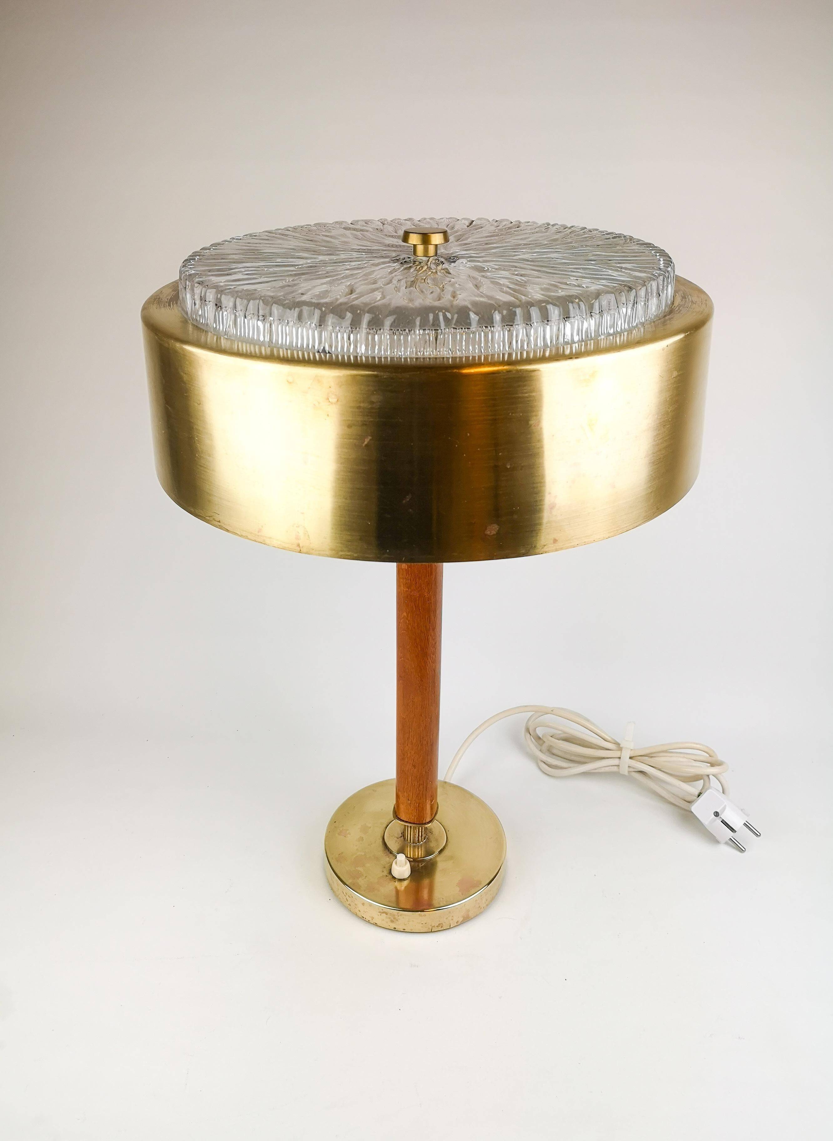 Mid-century Swedish table lamp in brass, crystal, and wood by Boréns.