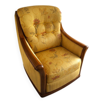 Vintage wooden armchair – yellow floral fabric – 1970s