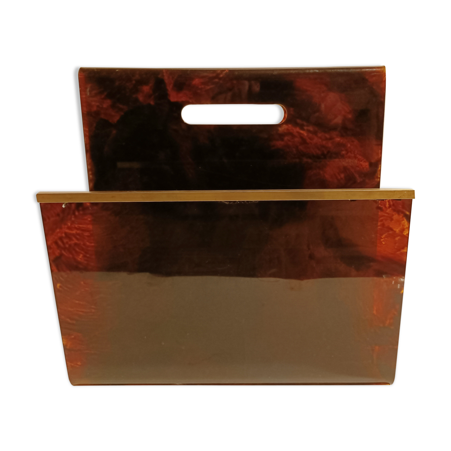 Vintage magazine holder tortoiseshell style & golden brass. Italy 1970