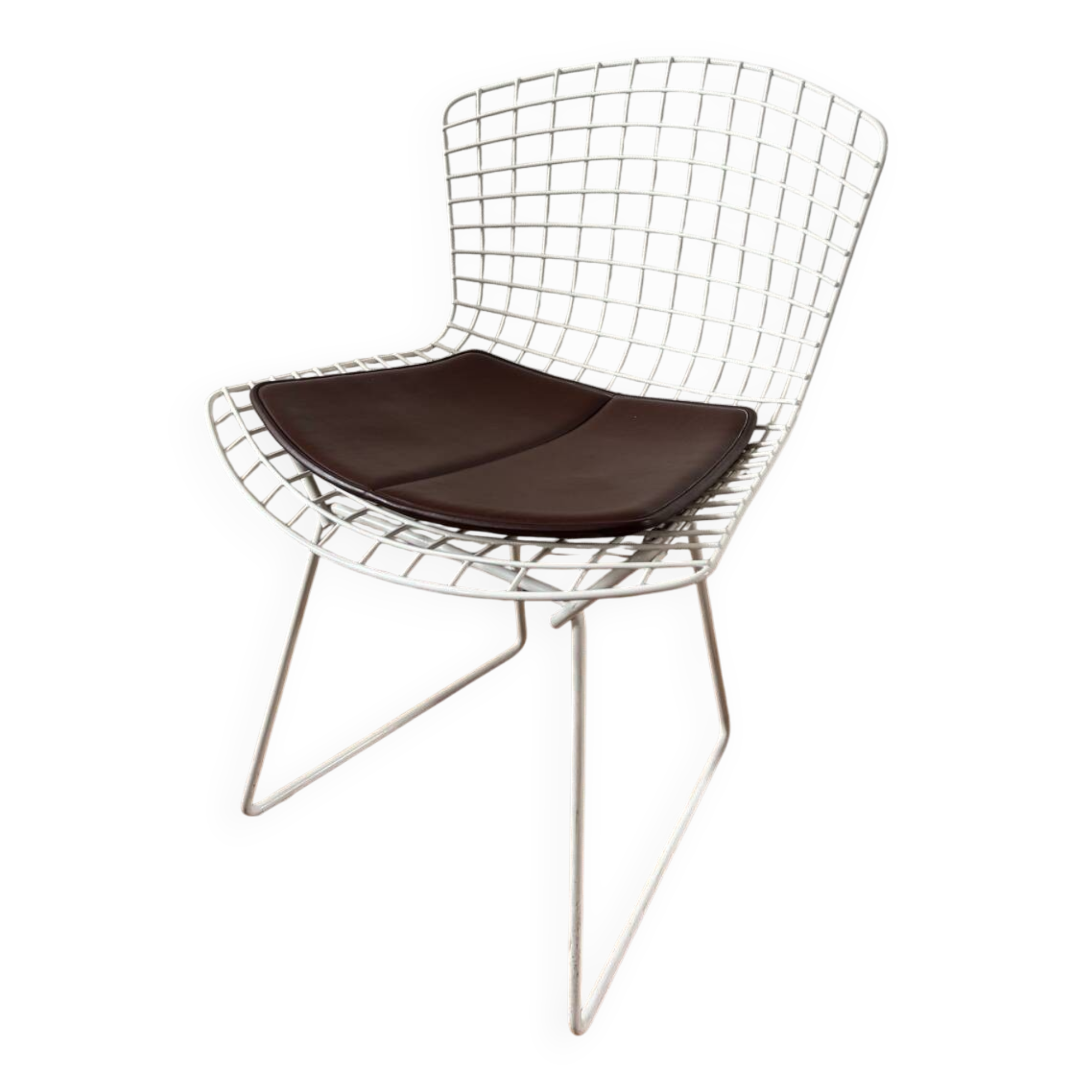 Harry Bertoia White Wire Chair with Leather Cushion