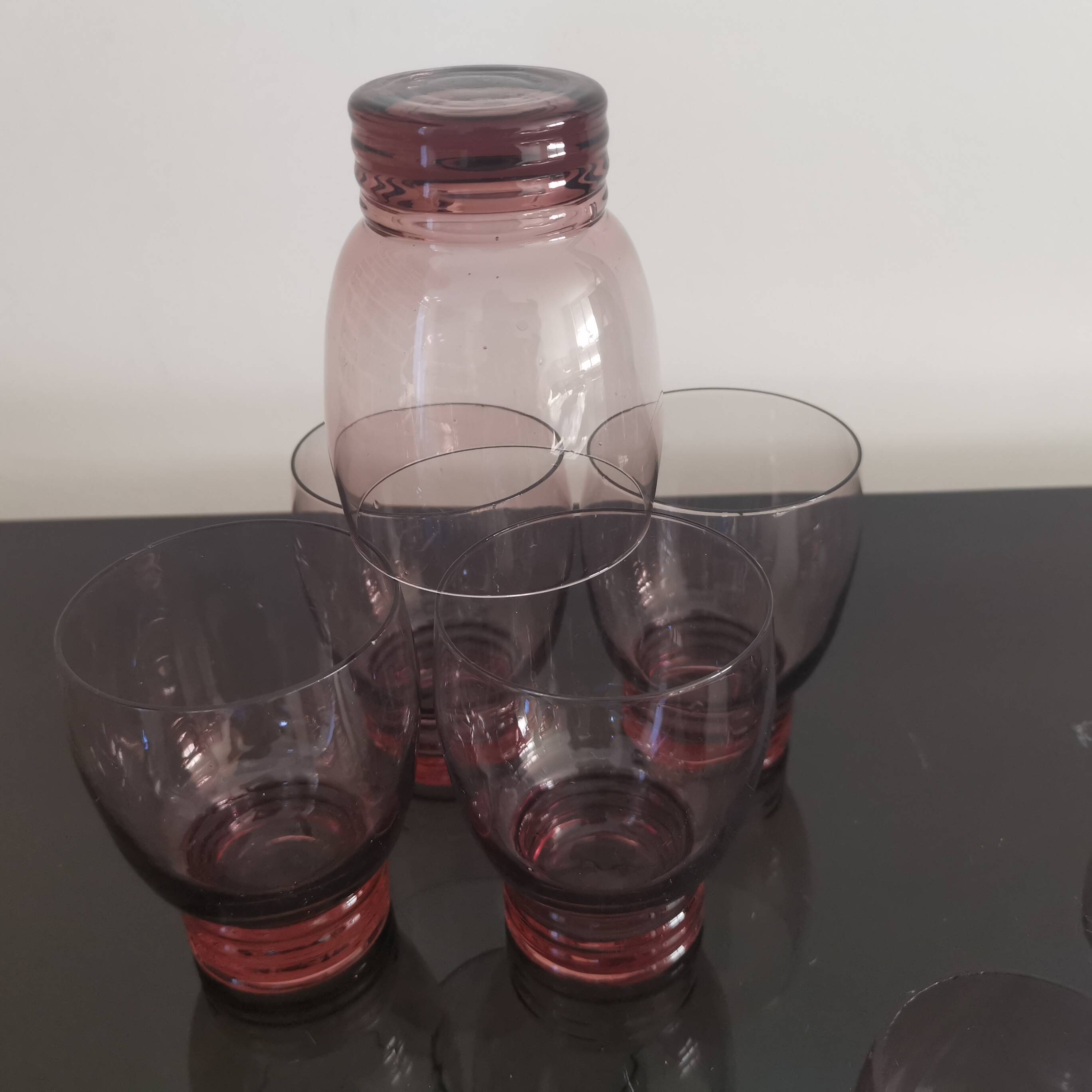 Set of 50s art deco purple/rosé blown glass glasses