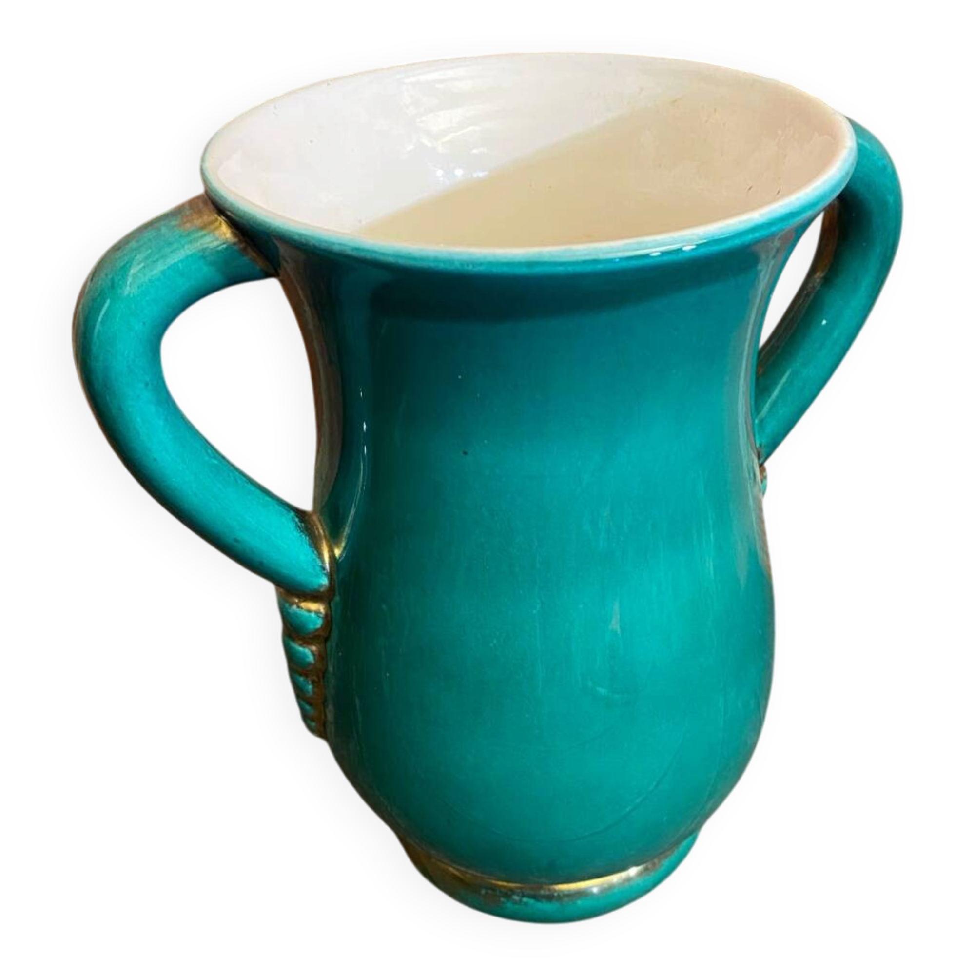 Vintage Green & Gold Ceramic ARC Vase Made in France #D777