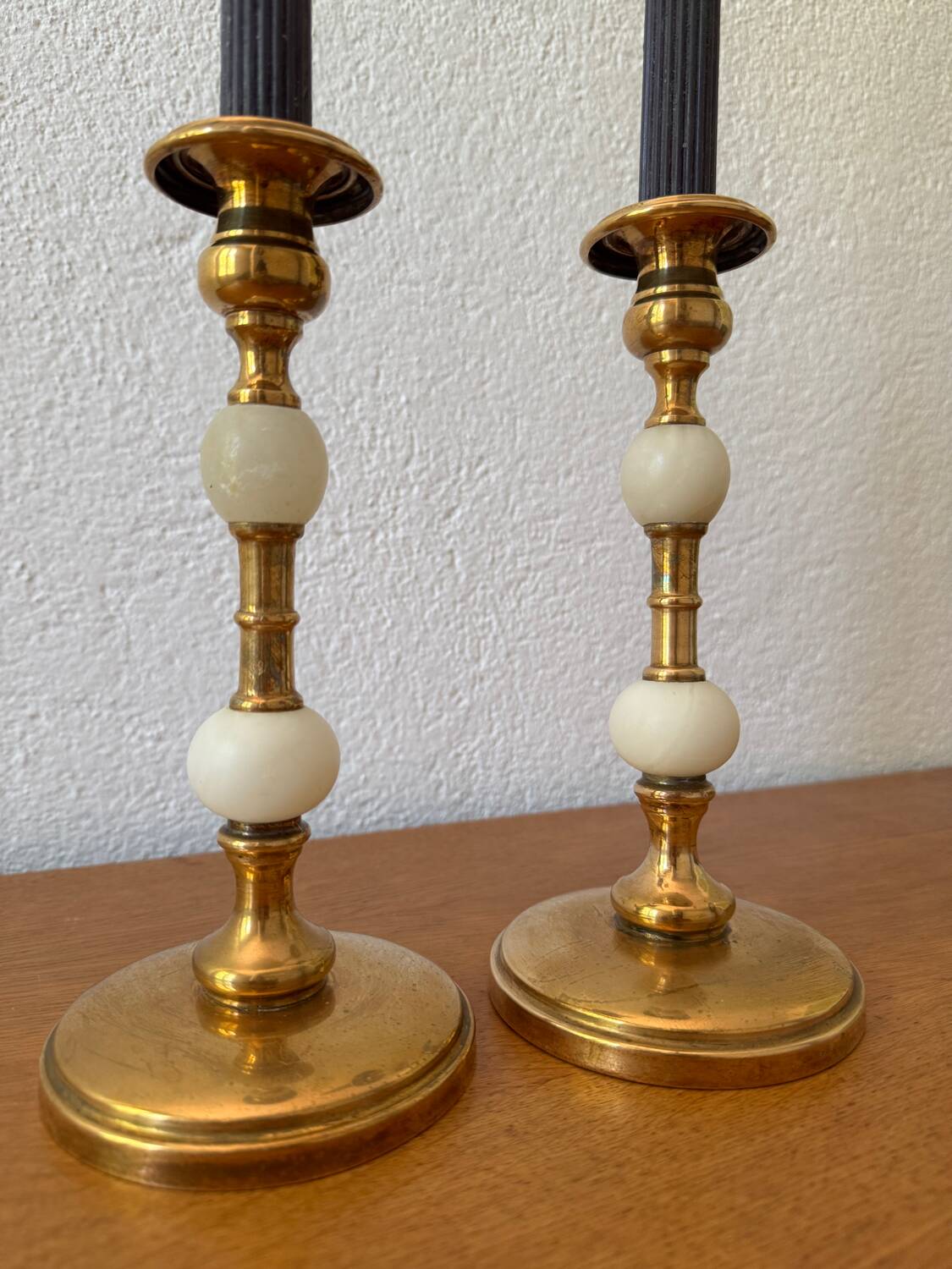 60s gold alabaster metal candlesticks