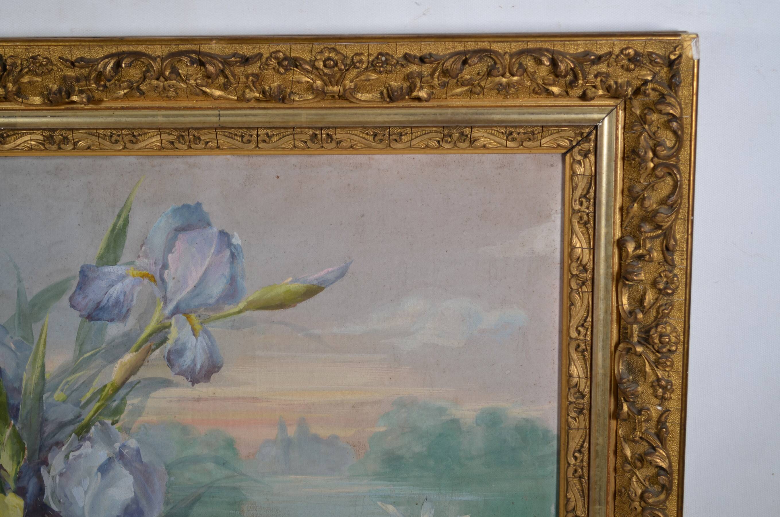 French School circa 1900 “Irises and dragonflies” Painted silk.
