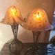 Pair of art nouveau wrought iron lamps with marbled glass paste 42x25