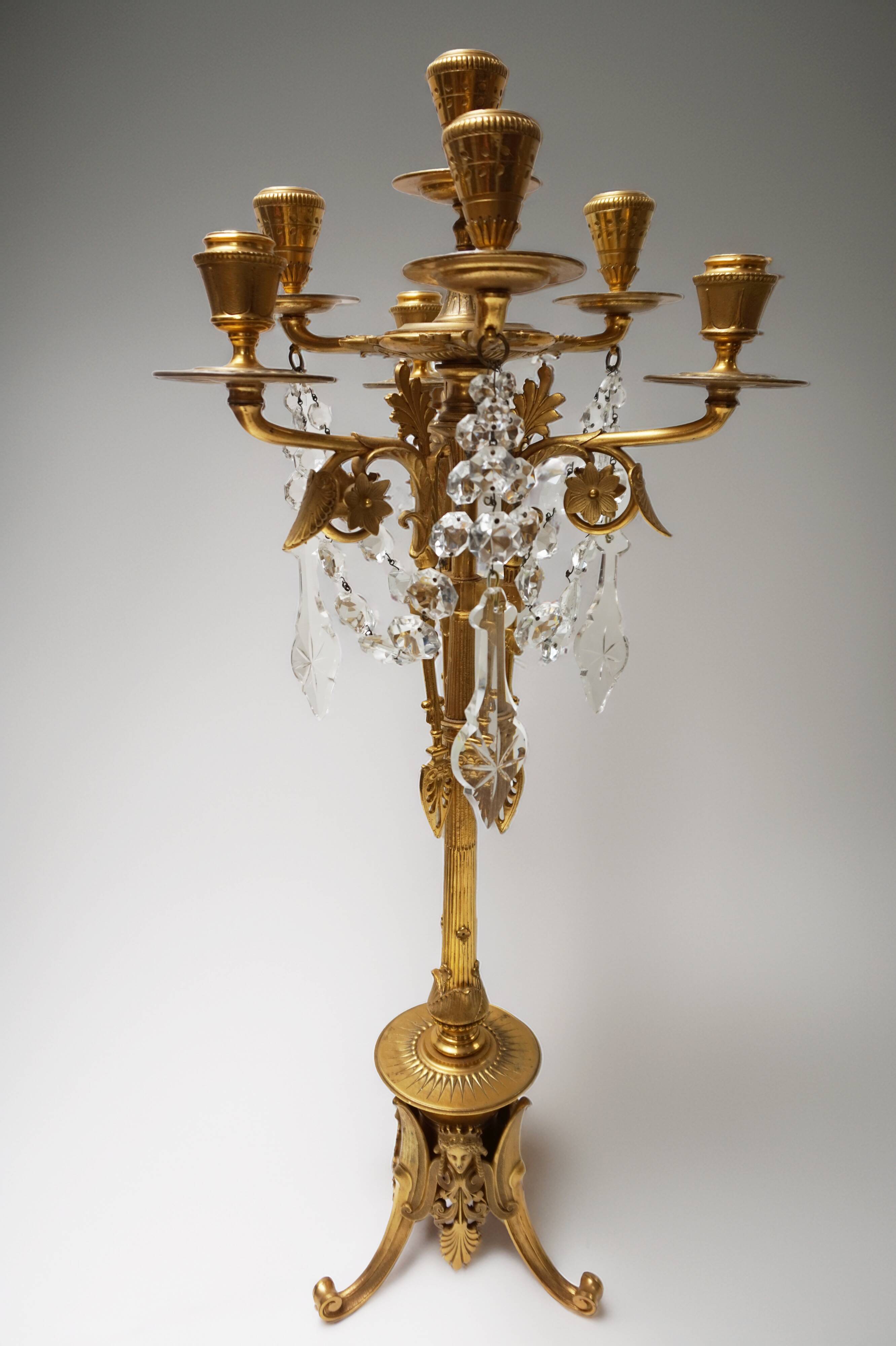 French Empire Neoclassical 7-Light Candelabra in Gilt Bronze and Crystal