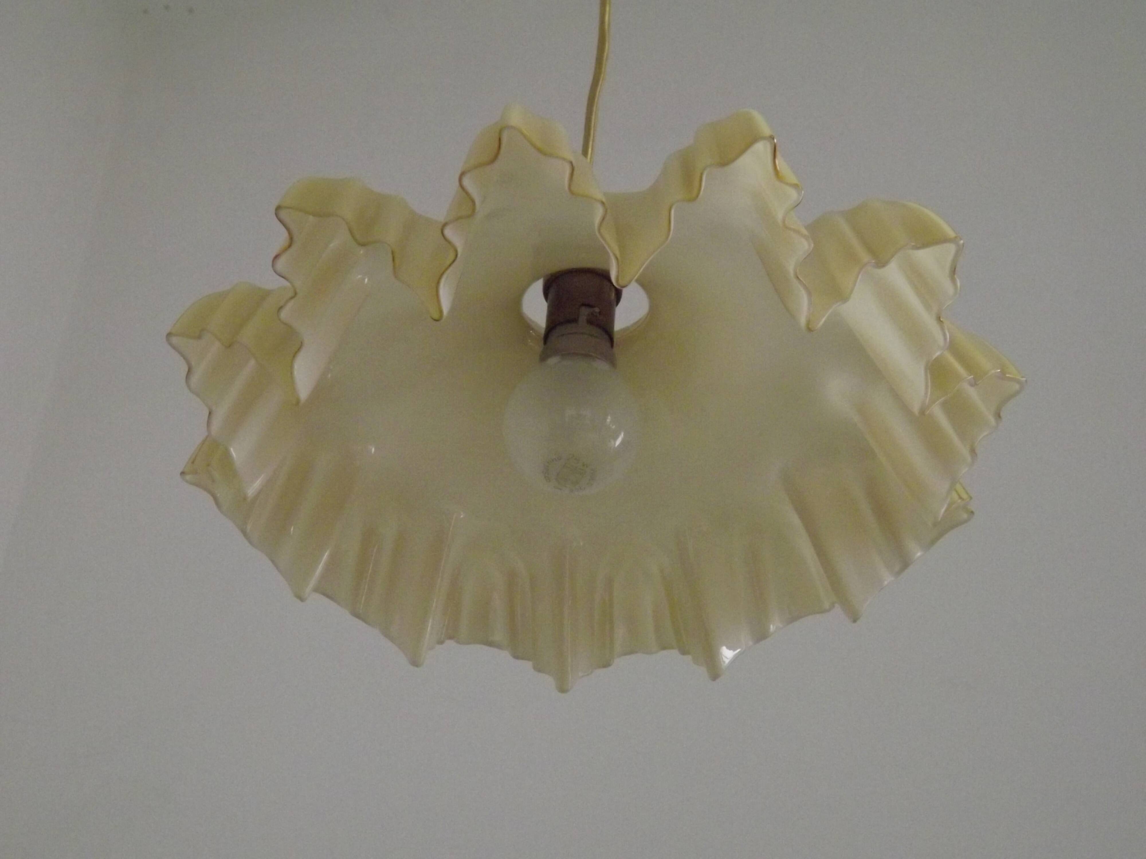Vintage French Art Deco Yellow & White Glass Pendant Light Frilled 5495